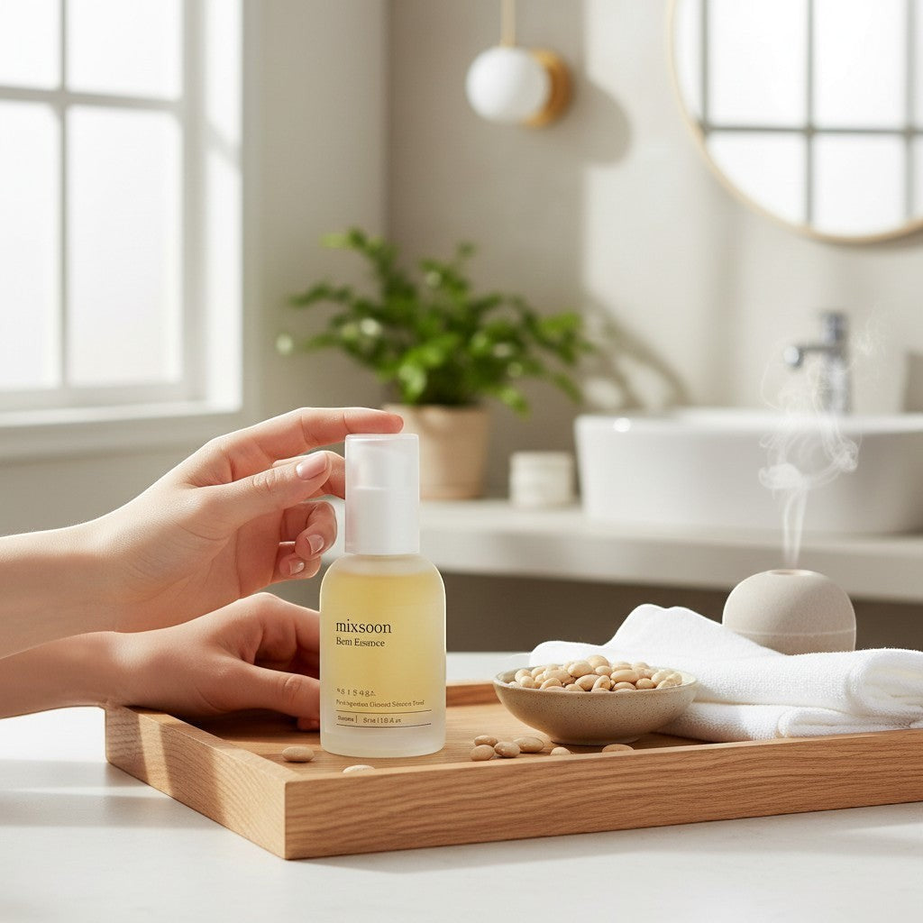 Saerún Skin: Botella de esencia Mixsoon Bean Essence con líquido amarillo pálido, en bandeja de madera con frijoles de soja, toallas y difusor.