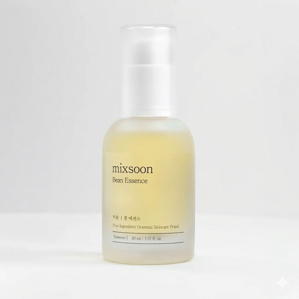 Saerún Skin: Botella de esencia Mixsoon Bean Essence con líquido amarillo pálido, ideal para pieles sensibles, hidratación y exfoliación suave.